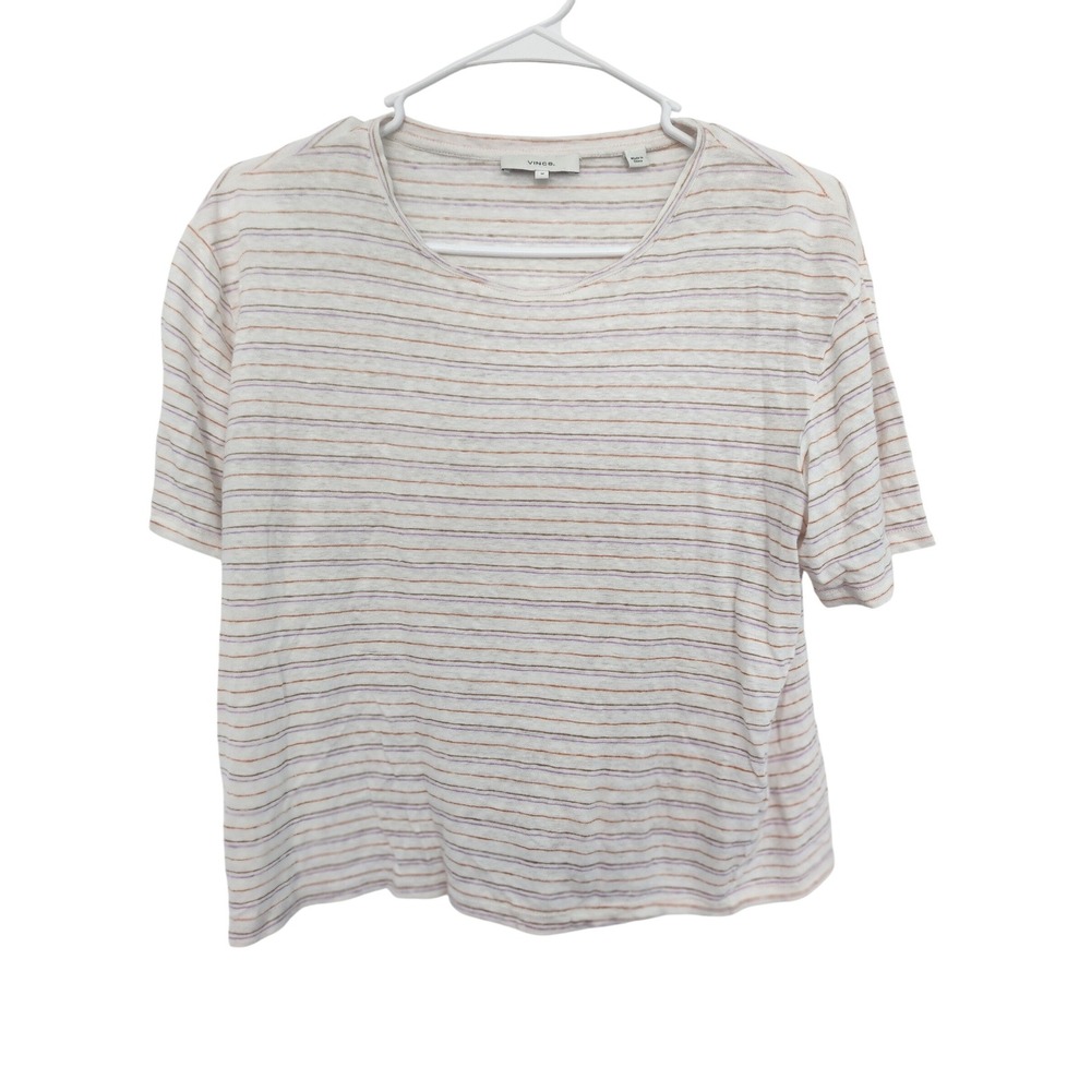 Vince Womens Medium 100% Linen Striped Short Sleeve Crew Neck Boxy T-Shirt White